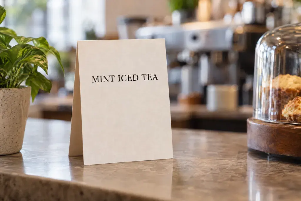 La misma carta de cafetería después del cambio; dice MINT ICED TEA