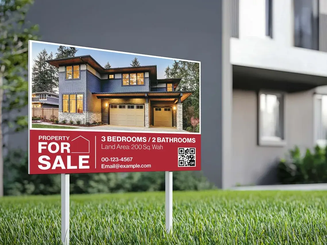 Property listing sign before the edit. The room count reads: 3 BEDROOMS / 2 BATHROOMS