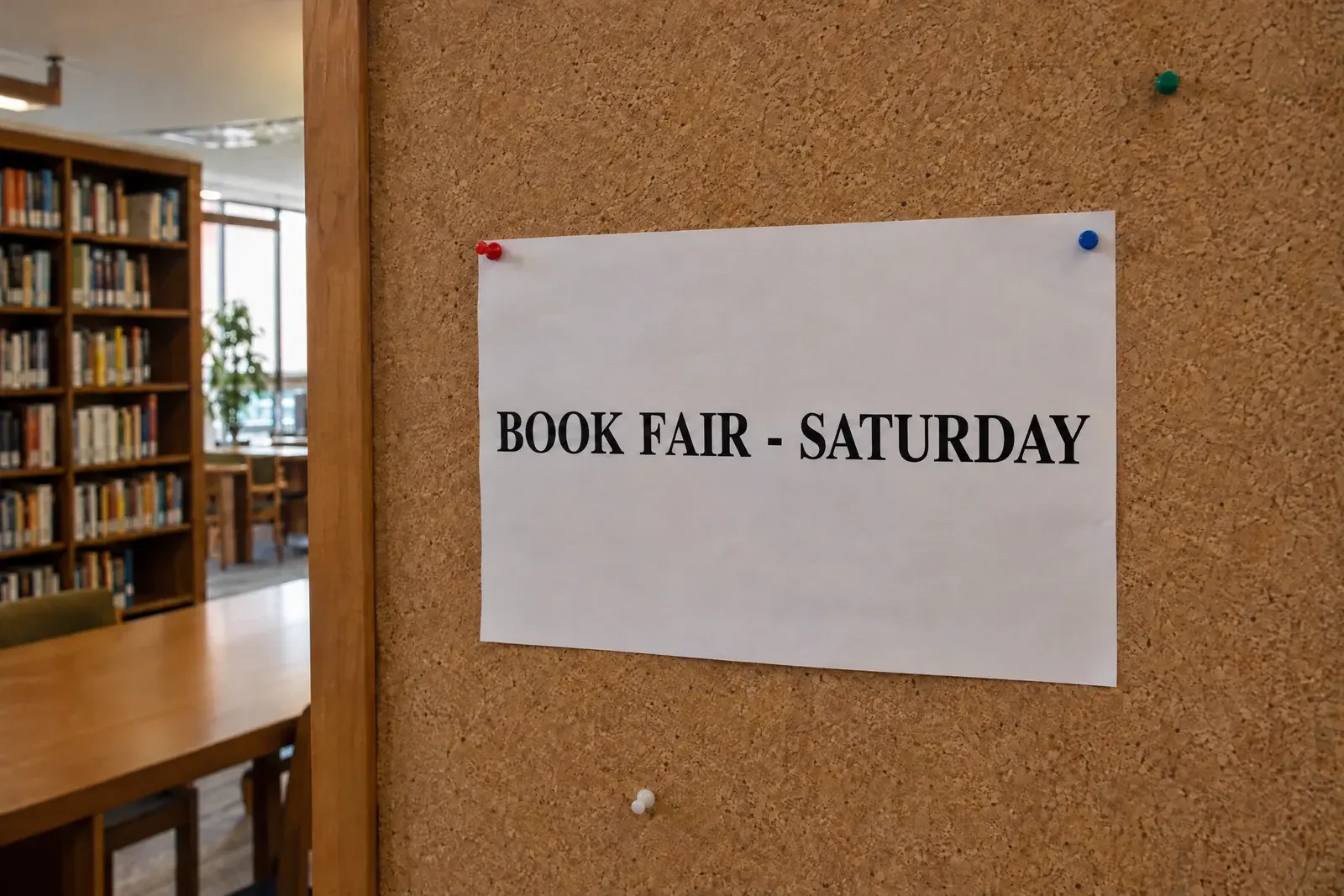 Cartel de biblioteca de ejemplo después de corregir la errata; dice BOOK FAIR - SATURDAY