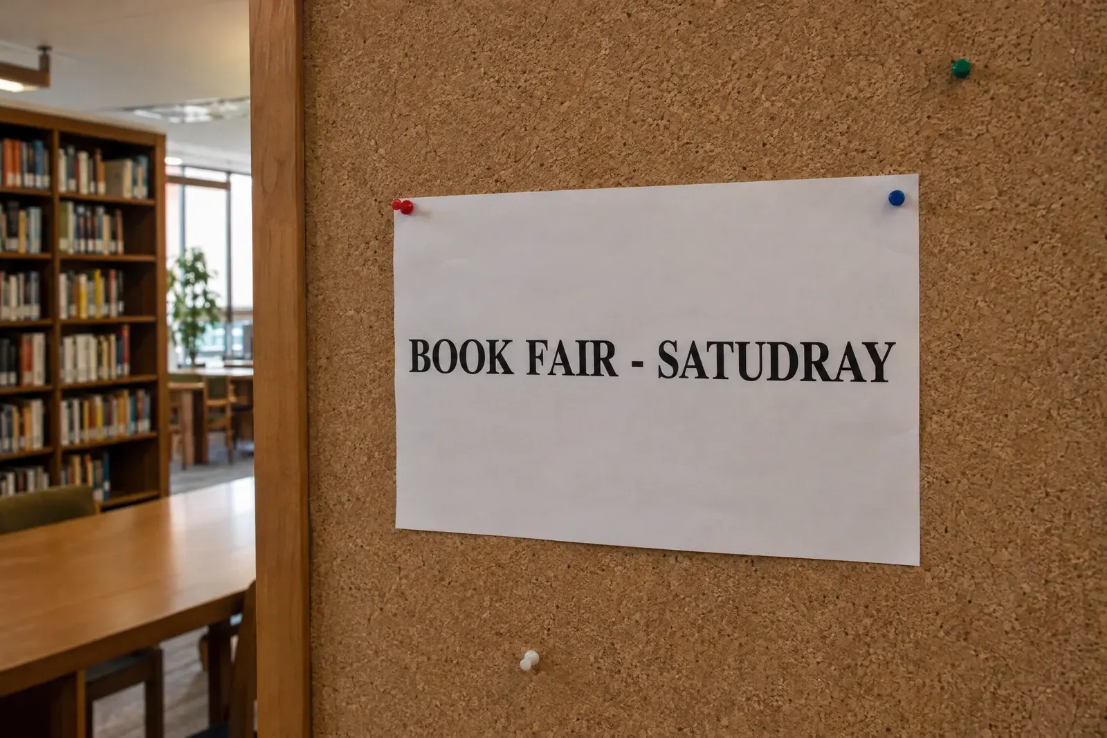 Cartel de biblioteca de ejemplo antes de corregir la errata; dice BOOK FAIR - SATUDRAY