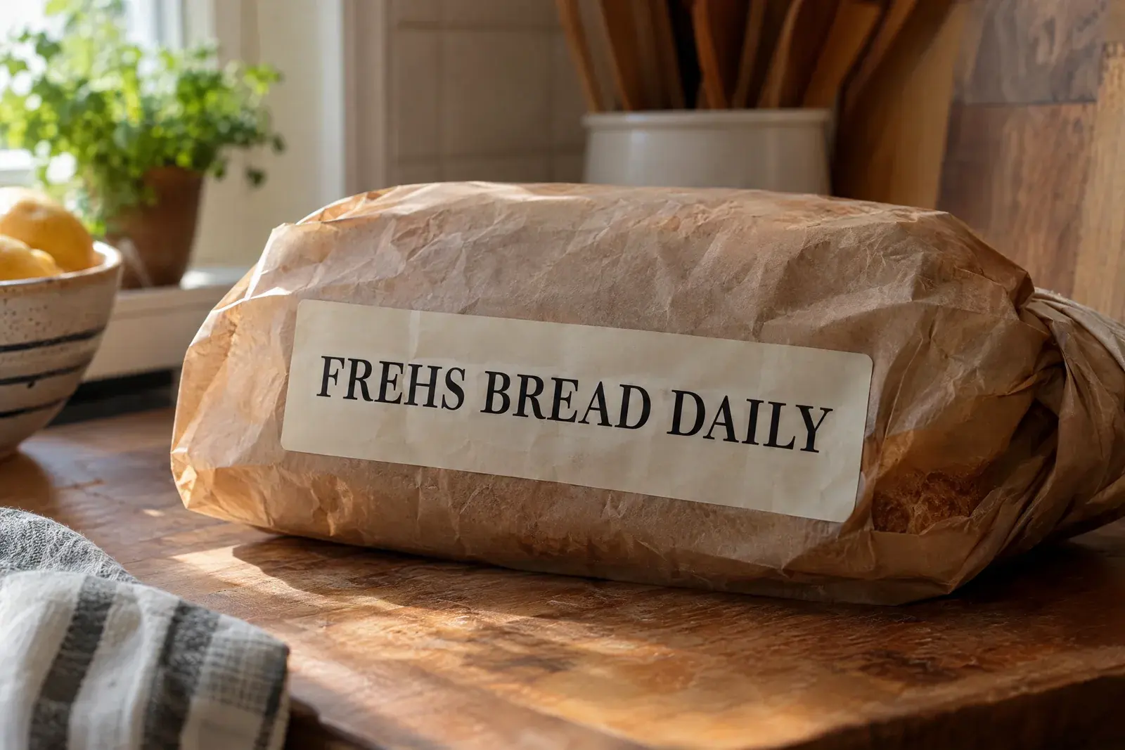 Bolsa de pan de ejemplo antes de corregir la errata; dice FREHS BREAD DAILY