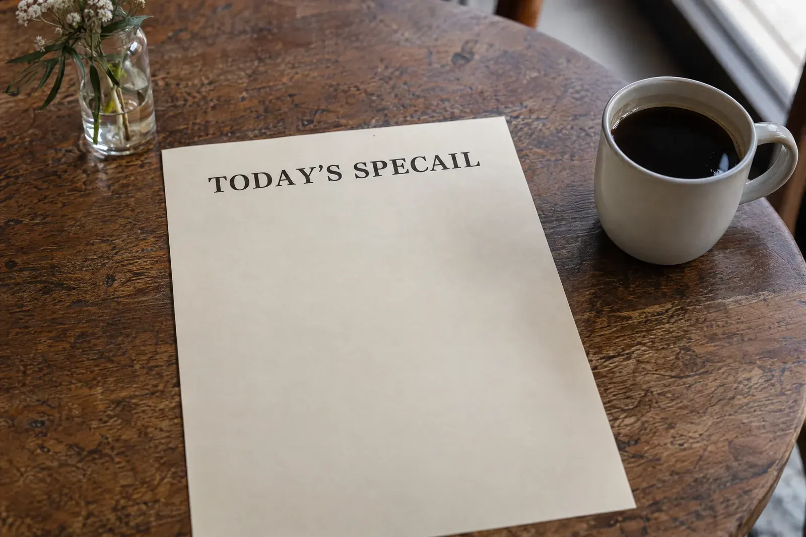 Carta de cafetería de ejemplo antes de corregir la errata; dice TODAY'S SPECAIL