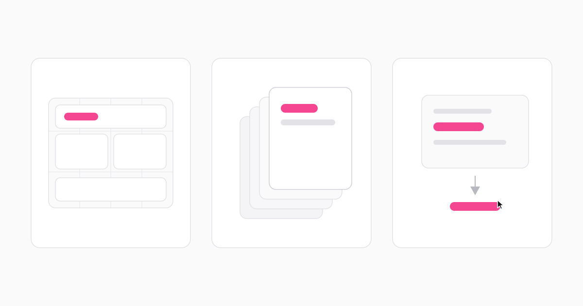 Three side-by-side panels comparing a template canvas with layout blocks, a stack of offset retouching layers, and a one-click AI text replacement